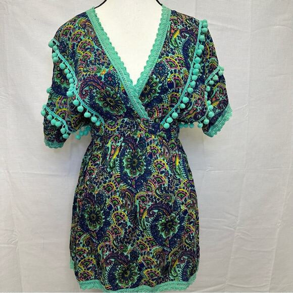America & Beyond Small Boho Tunic | Blue & Green Paisley Print - Picture 6 of 11